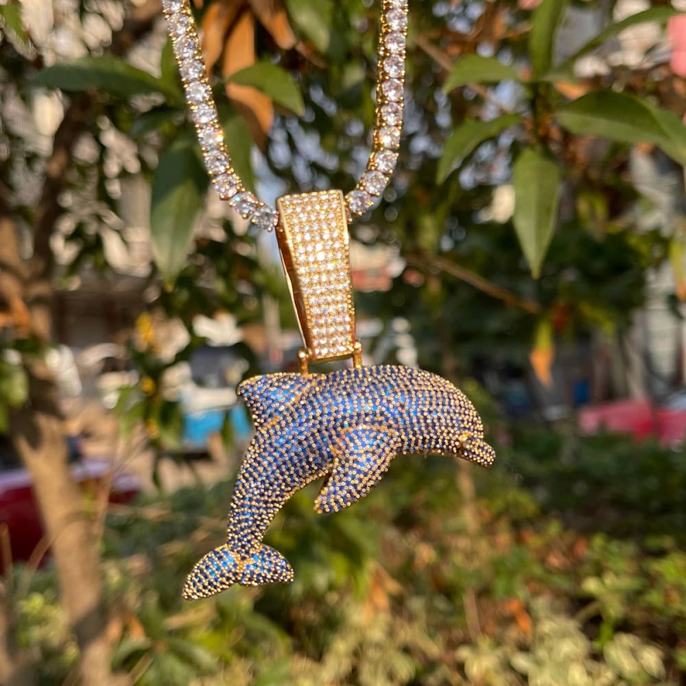 Iced Out Dolphin Necklace for Men Two Tone Pendant